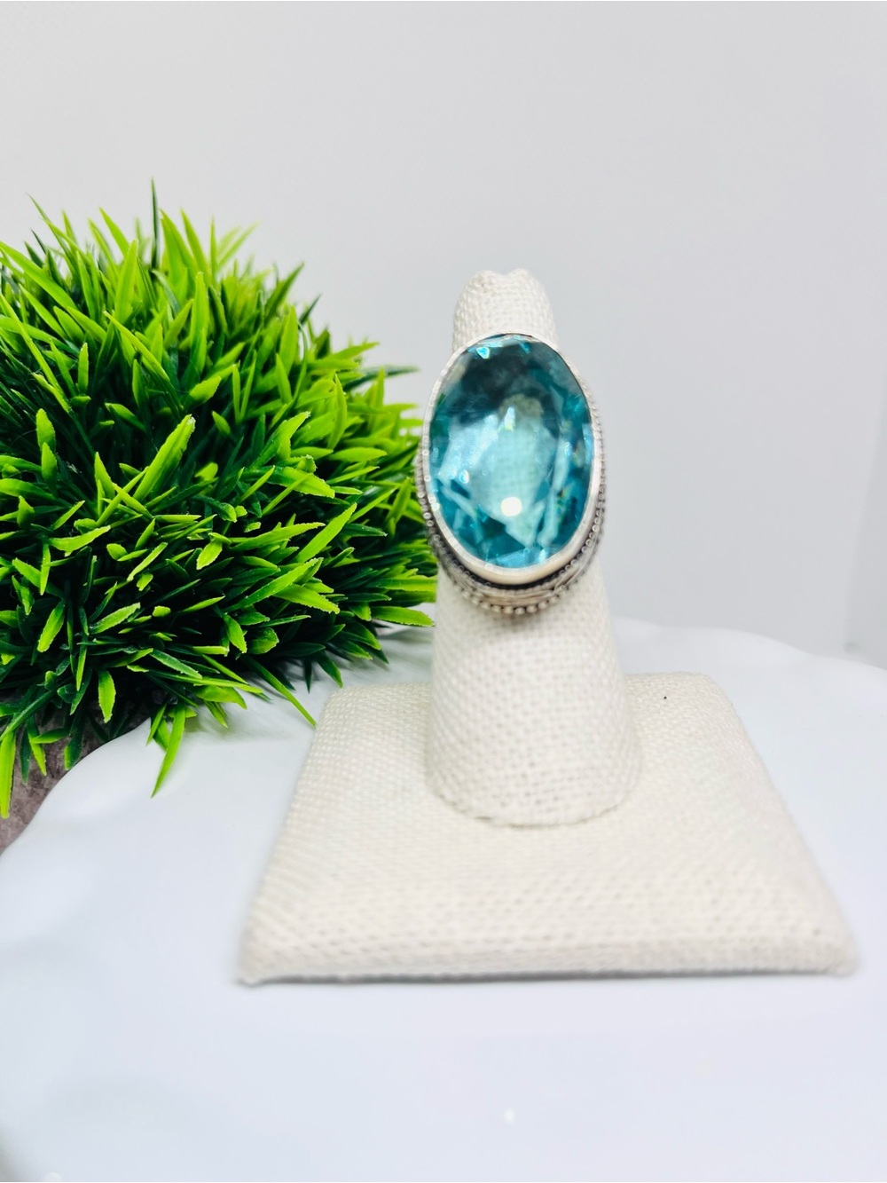 Blue Oval Aquamarine Gemstone Ring  in Sterling Silver Plating